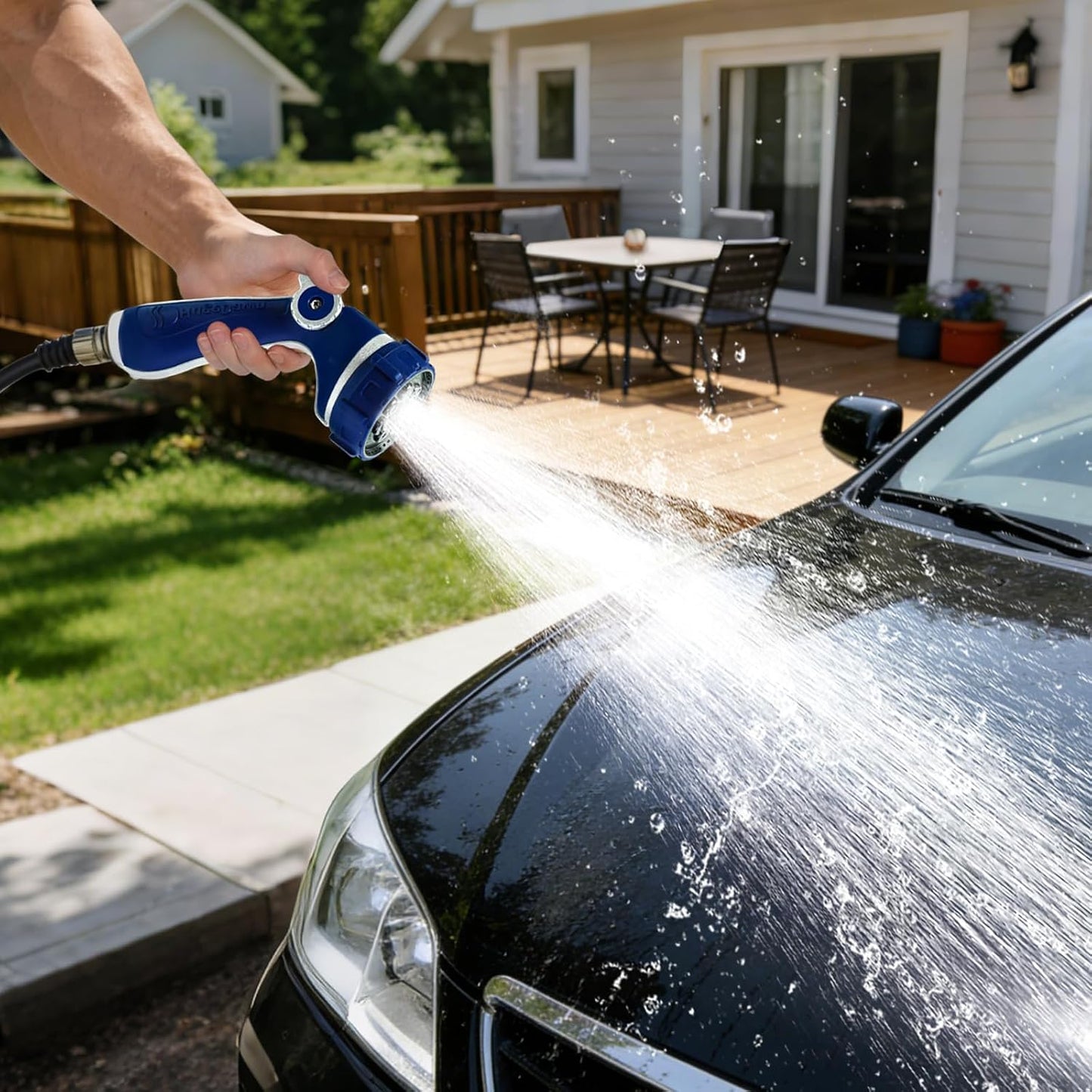 Garden Hose Nozzle with 7 Spray Patterns, Heavy Duty Metal Sprayer 30% Greater Water Flow for Watering, Car Wash, Outdoor Cleaning (Red)