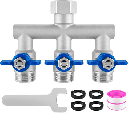 304 Stainless Steel 3 Way Garden Hose Splitter, Heavy Duty Hose Splitter with 3 Shut-Off Valves, 3/4" GHT Outdoor Faucet Hose Adapter, Full Flow Water Hose Connector