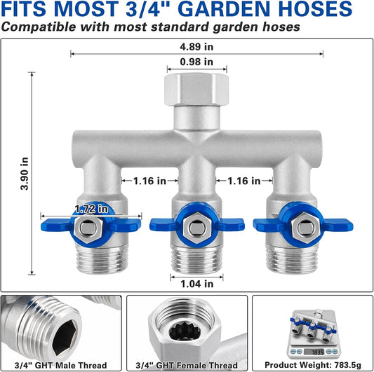 304 Stainless Steel 3 Way Garden Hose Splitter, Heavy Duty Hose Splitter with 3 Shut-Off Valves, 3/4" GHT Outdoor Faucet Hose Adapter, Full Flow Water Hose Connector