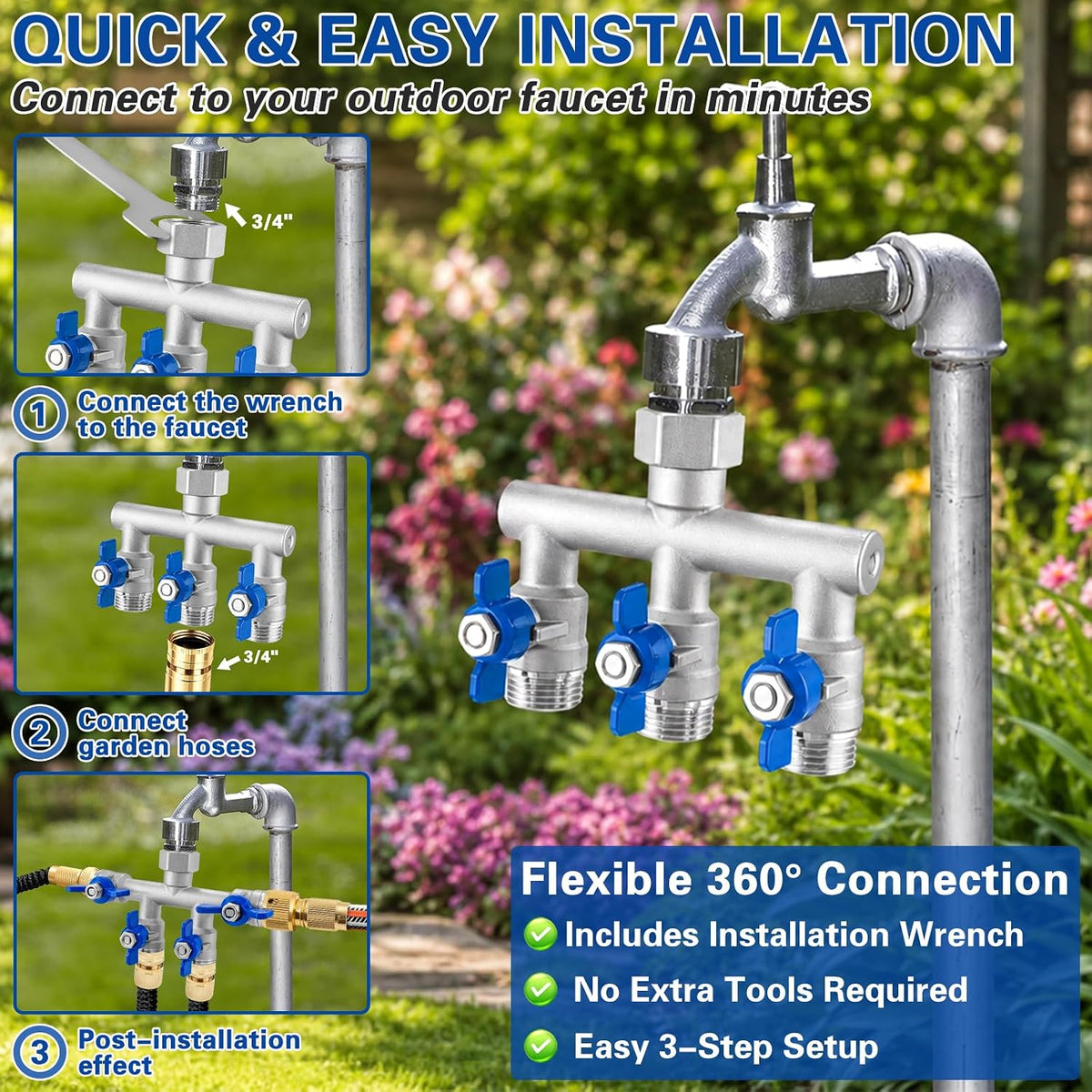 304 Stainless Steel 3 Way Garden Hose Splitter, Heavy Duty Hose Splitter with 3 Shut-Off Valves, 3/4" GHT Outdoor Faucet Hose Adapter, Full Flow Water Hose Connector