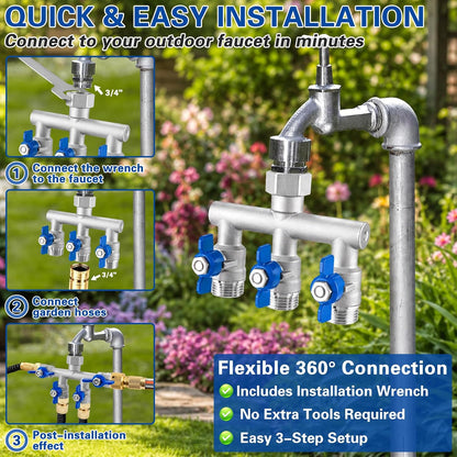 304 Stainless Steel 3 Way Garden Hose Splitter, Heavy Duty Hose Splitter with 3 Shut-Off Valves, 3/4" GHT Outdoor Faucet Hose Adapter, Full Flow Water Hose Connector