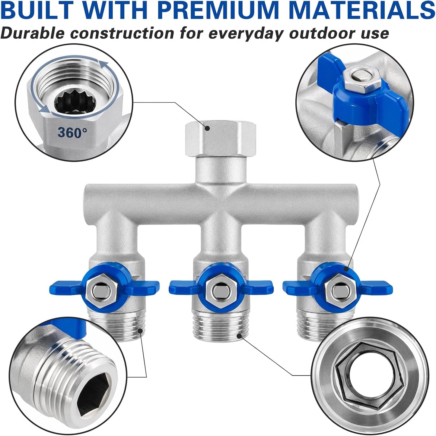304 Stainless Steel 3 Way Garden Hose Splitter, Heavy Duty Hose Splitter with 3 Shut-Off Valves, 3/4" GHT Outdoor Faucet Hose Adapter, Full Flow Water Hose Connector