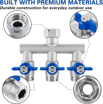 304 Stainless Steel 3 Way Garden Hose Splitter, Heavy Duty Hose Splitter with 3 Shut-Off Valves, 3/4" GHT Outdoor Faucet Hose Adapter, Full Flow Water Hose Connector