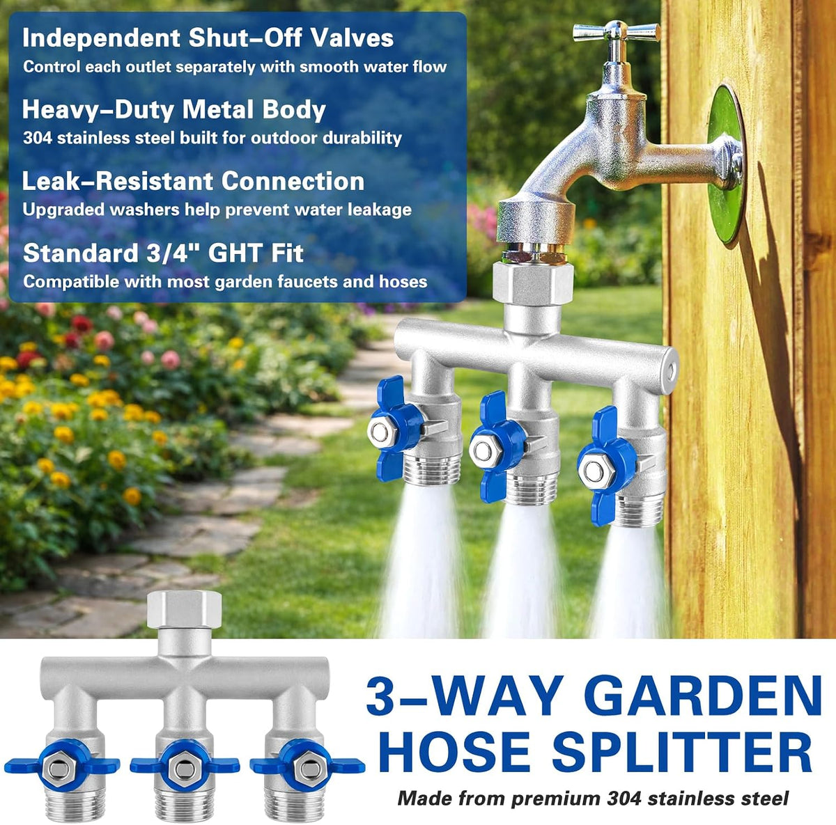 304 Stainless Steel 3 Way Garden Hose Splitter, Heavy Duty Hose Splitter with 3 Shut-Off Valves, 3/4" GHT Outdoor Faucet Hose Adapter, Full Flow Water Hose Connector
