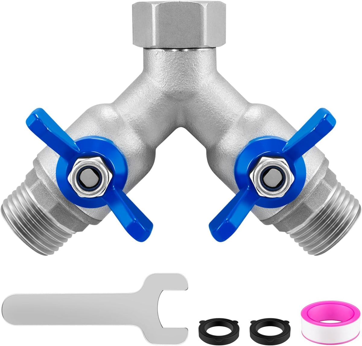 304 Stainless Steel 3 Way Garden Hose Splitter, Heavy Duty Hose Splitter with 3 Shut-Off Valves, 3/4" GHT Outdoor Faucet Hose Adapter, Full Flow Water Hose Connector
