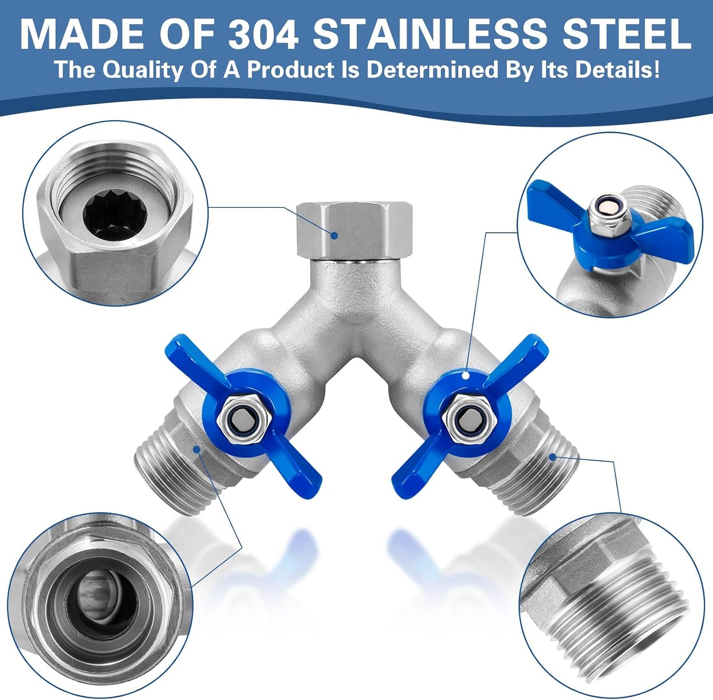 304 Stainless Steel 3 Way Garden Hose Splitter, Heavy Duty Hose Splitter with 3 Shut-Off Valves, 3/4" GHT Outdoor Faucet Hose Adapter, Full Flow Water Hose Connector