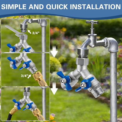304 Stainless Steel 3 Way Garden Hose Splitter, Heavy Duty Hose Splitter with 3 Shut-Off Valves, 3/4" GHT Outdoor Faucet Hose Adapter, Full Flow Water Hose Connector