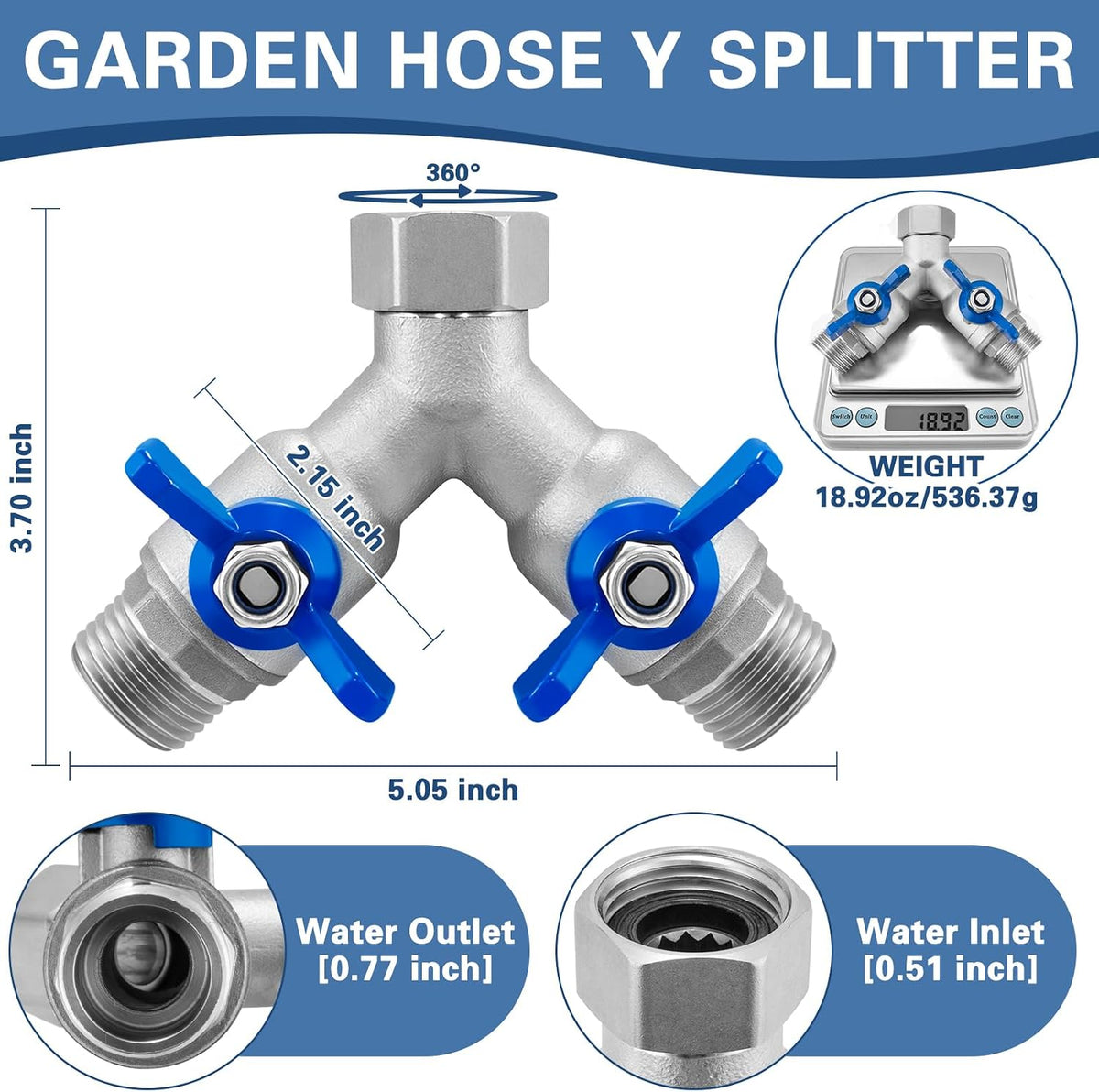 304 Stainless Steel 3 Way Garden Hose Splitter, Heavy Duty Hose Splitter with 3 Shut-Off Valves, 3/4" GHT Outdoor Faucet Hose Adapter, Full Flow Water Hose Connector