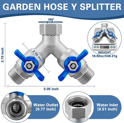 304 Stainless Steel 3 Way Garden Hose Splitter, Heavy Duty Hose Splitter with 3 Shut-Off Valves, 3/4" GHT Outdoor Faucet Hose Adapter, Full Flow Water Hose Connector