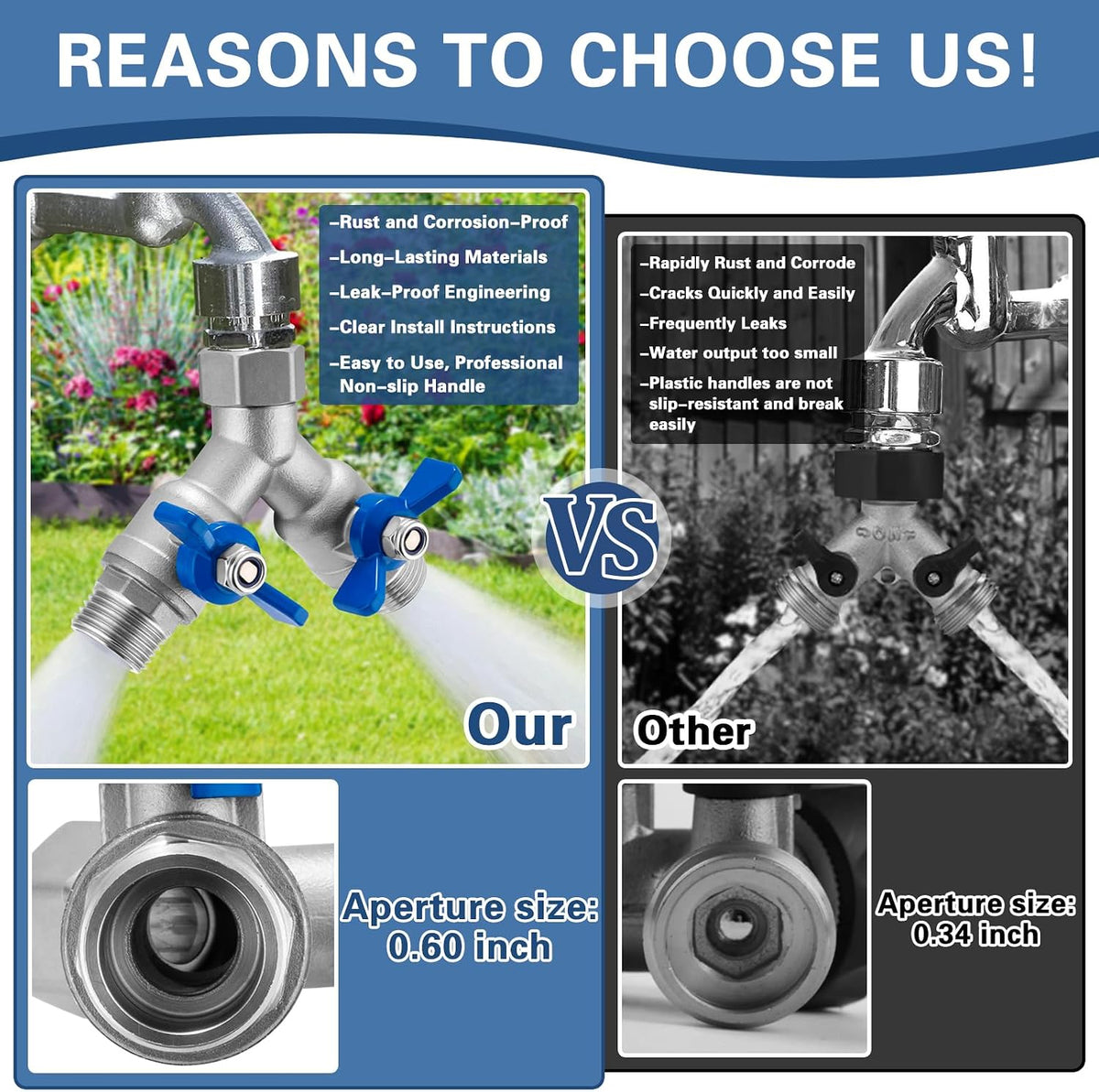 304 Stainless Steel 3 Way Garden Hose Splitter, Heavy Duty Hose Splitter with 3 Shut-Off Valves, 3/4" GHT Outdoor Faucet Hose Adapter, Full Flow Water Hose Connector