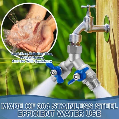304 Stainless Steel 3 Way Garden Hose Splitter, Heavy Duty Hose Splitter with 3 Shut-Off Valves, 3/4" GHT Outdoor Faucet Hose Adapter, Full Flow Water Hose Connector