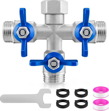 304 Stainless Steel 3 Way Garden Hose Splitter, Heavy Duty Hose Splitter with 3 Shut-Off Valves, 3/4" GHT Outdoor Faucet Hose Adapter, Full Flow Water Hose Connector
