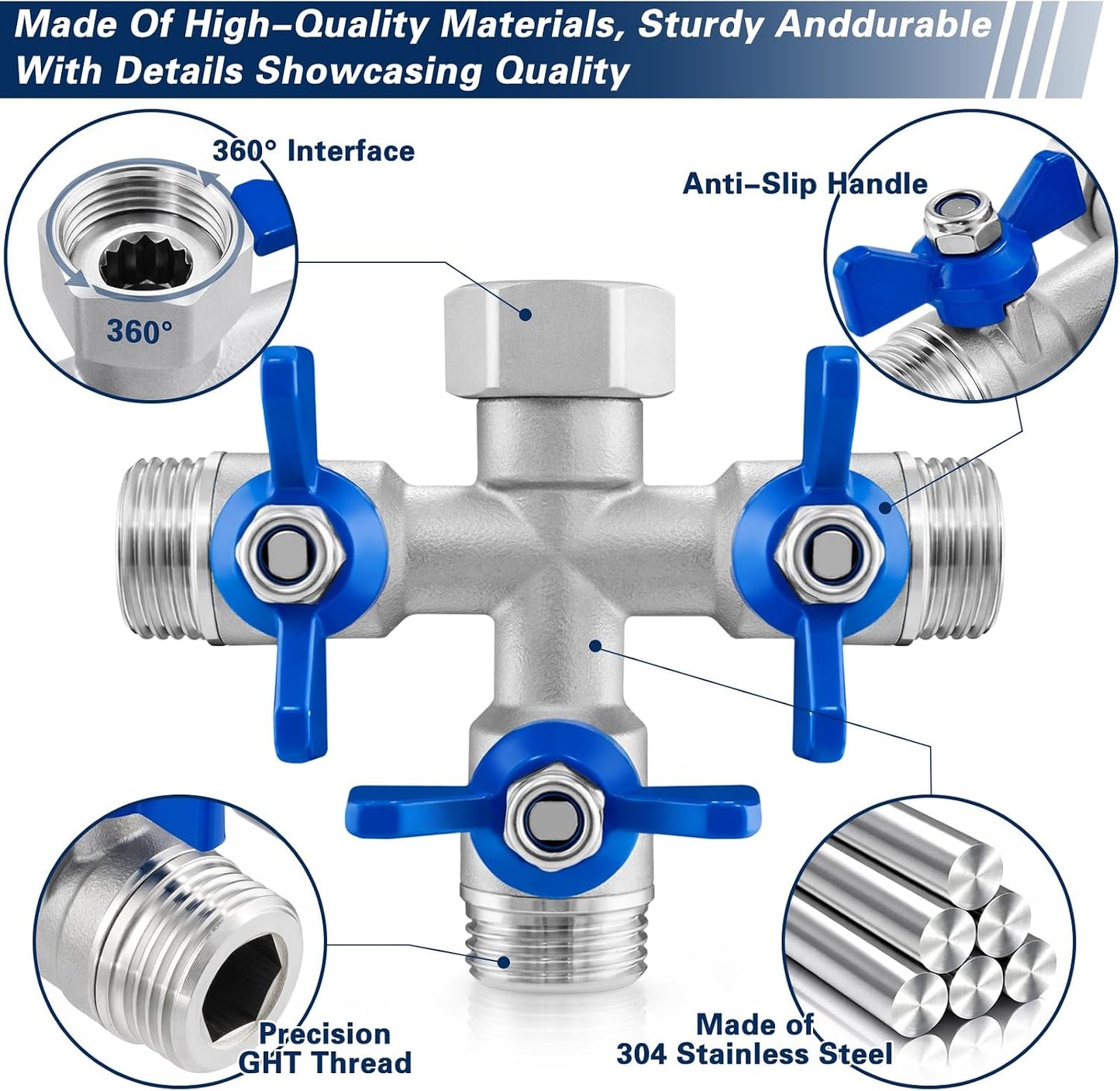 304 Stainless Steel 3 Way Garden Hose Splitter, Heavy Duty Hose Splitter with 3 Shut-Off Valves, 3/4" GHT Outdoor Faucet Hose Adapter, Full Flow Water Hose Connector