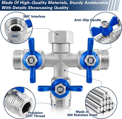 304 Stainless Steel 3 Way Garden Hose Splitter, Heavy Duty Hose Splitter with 3 Shut-Off Valves, 3/4" GHT Outdoor Faucet Hose Adapter, Full Flow Water Hose Connector