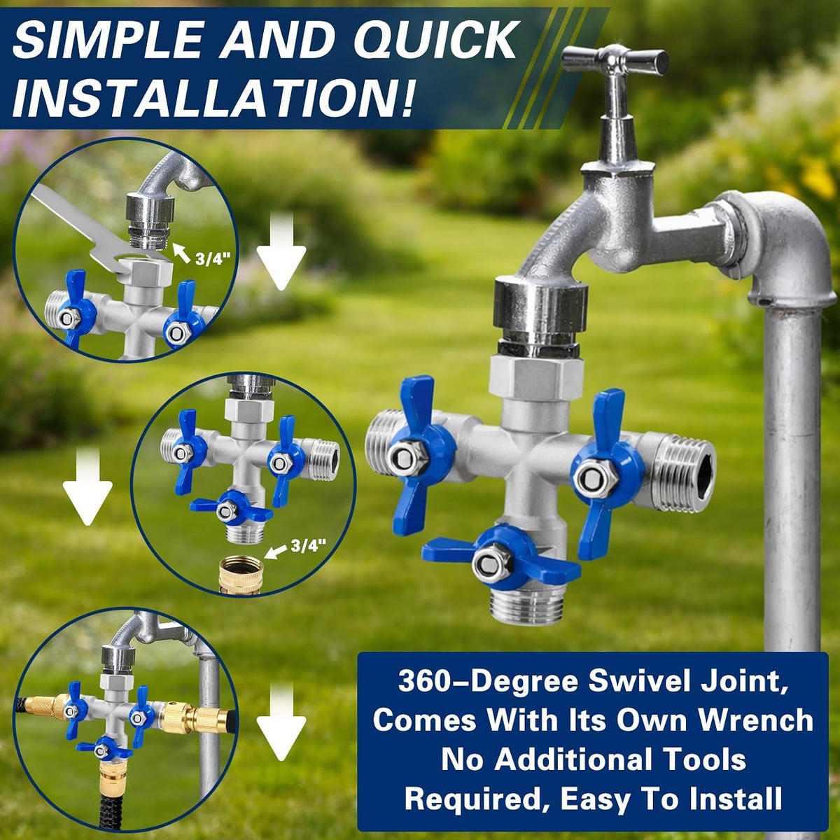 304 Stainless Steel 3 Way Garden Hose Splitter, Heavy Duty Hose Splitter with 3 Shut-Off Valves, 3/4" GHT Outdoor Faucet Hose Adapter, Full Flow Water Hose Connector