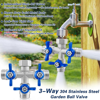 304 Stainless Steel 3 Way Garden Hose Splitter, Heavy Duty Hose Splitter with 3 Shut-Off Valves, 3/4" GHT Outdoor Faucet Hose Adapter, Full Flow Water Hose Connector