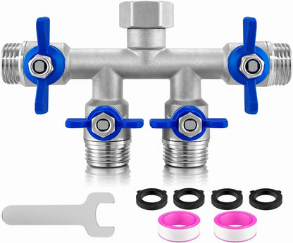 304 Stainless Steel 3 Way Garden Hose Splitter, Heavy Duty Hose Splitter with 3 Shut-Off Valves, 3/4" GHT Outdoor Faucet Hose Adapter, Full Flow Water Hose Connector