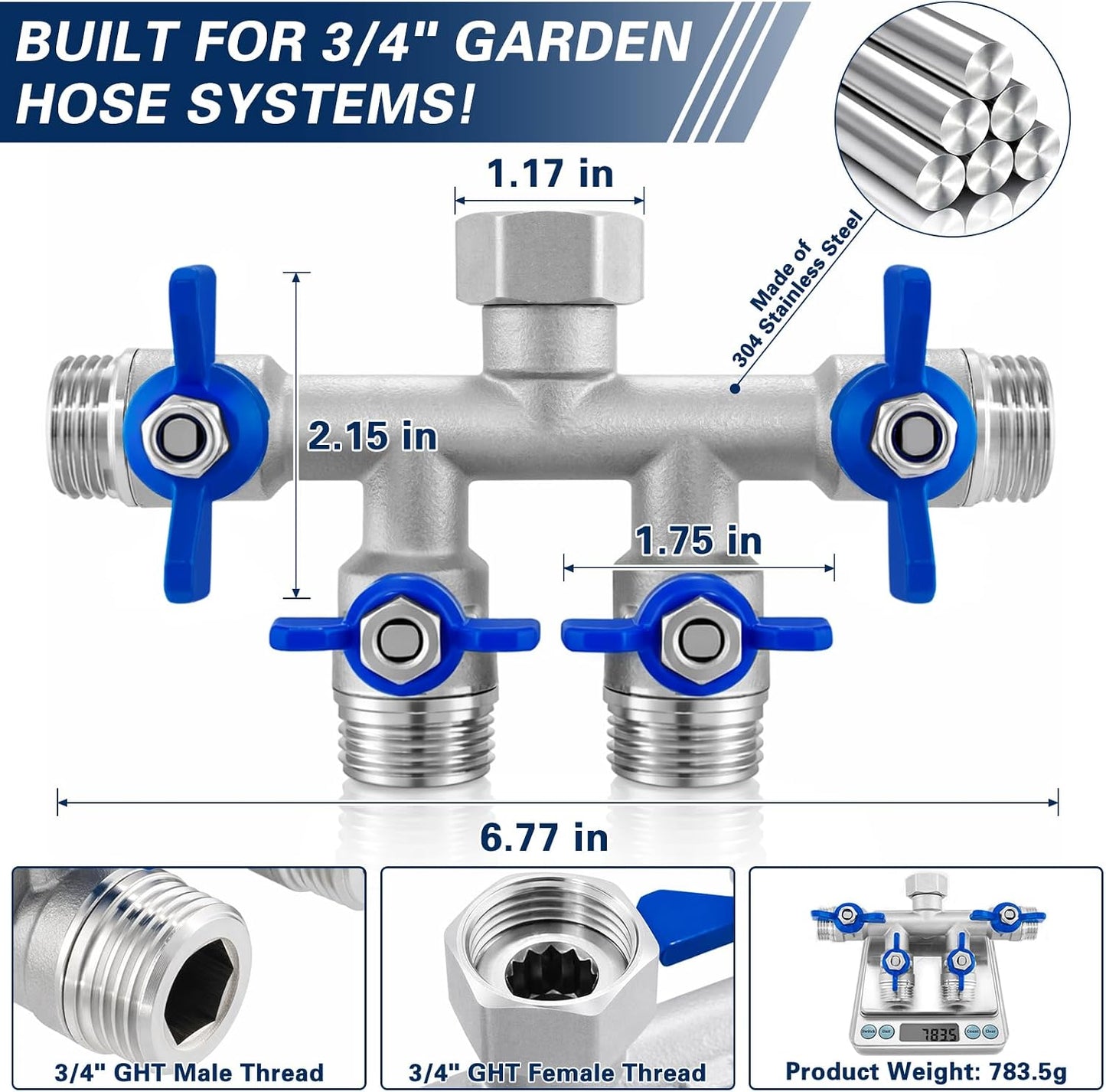 304 Stainless Steel 3 Way Garden Hose Splitter, Heavy Duty Hose Splitter with 3 Shut-Off Valves, 3/4" GHT Outdoor Faucet Hose Adapter, Full Flow Water Hose Connector