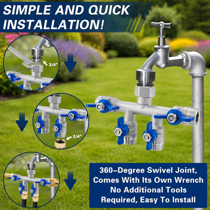 304 Stainless Steel 3 Way Garden Hose Splitter, Heavy Duty Hose Splitter with 3 Shut-Off Valves, 3/4" GHT Outdoor Faucet Hose Adapter, Full Flow Water Hose Connector
