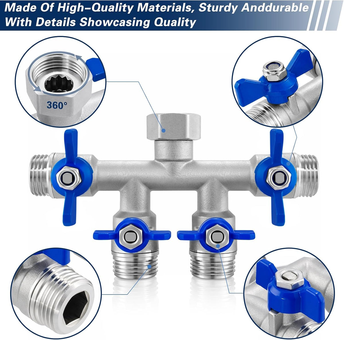 304 Stainless Steel 3 Way Garden Hose Splitter, Heavy Duty Hose Splitter with 3 Shut-Off Valves, 3/4" GHT Outdoor Faucet Hose Adapter, Full Flow Water Hose Connector