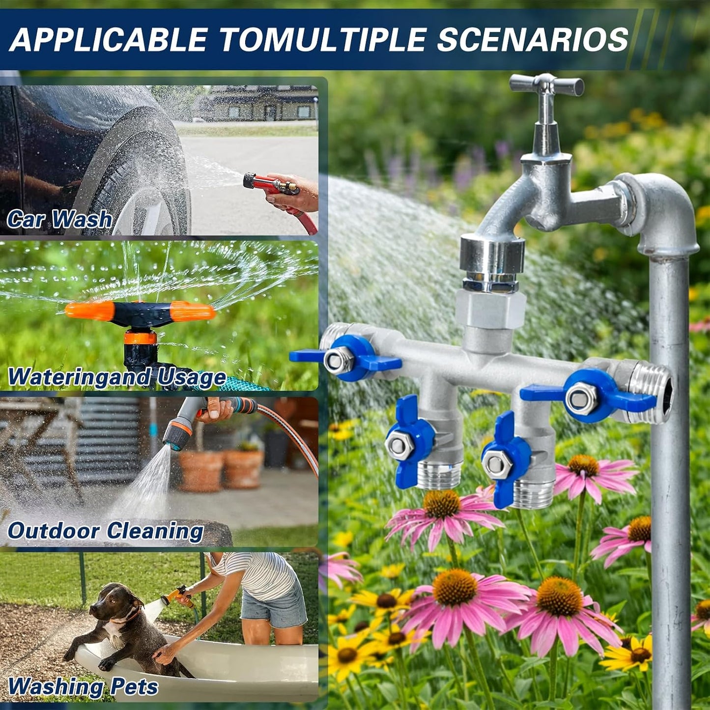 304 Stainless Steel 3 Way Garden Hose Splitter, Heavy Duty Hose Splitter with 3 Shut-Off Valves, 3/4" GHT Outdoor Faucet Hose Adapter, Full Flow Water Hose Connector