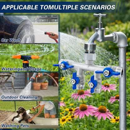 304 Stainless Steel 3 Way Garden Hose Splitter, Heavy Duty Hose Splitter with 3 Shut-Off Valves, 3/4" GHT Outdoor Faucet Hose Adapter, Full Flow Water Hose Connector