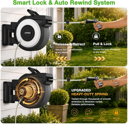 Heavy-Duty Automatic Retractable Garden Hose Reel 100FT Wall Mount