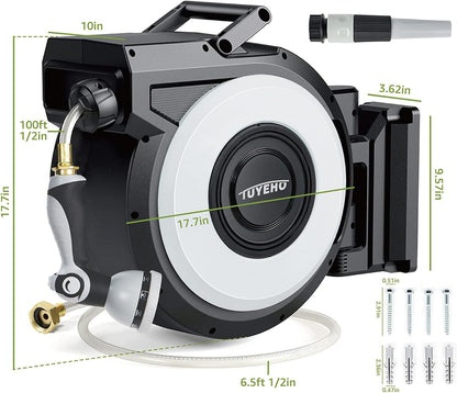 Heavy-Duty Automatic Retractable Garden Hose Reel 100FT Wall Mount