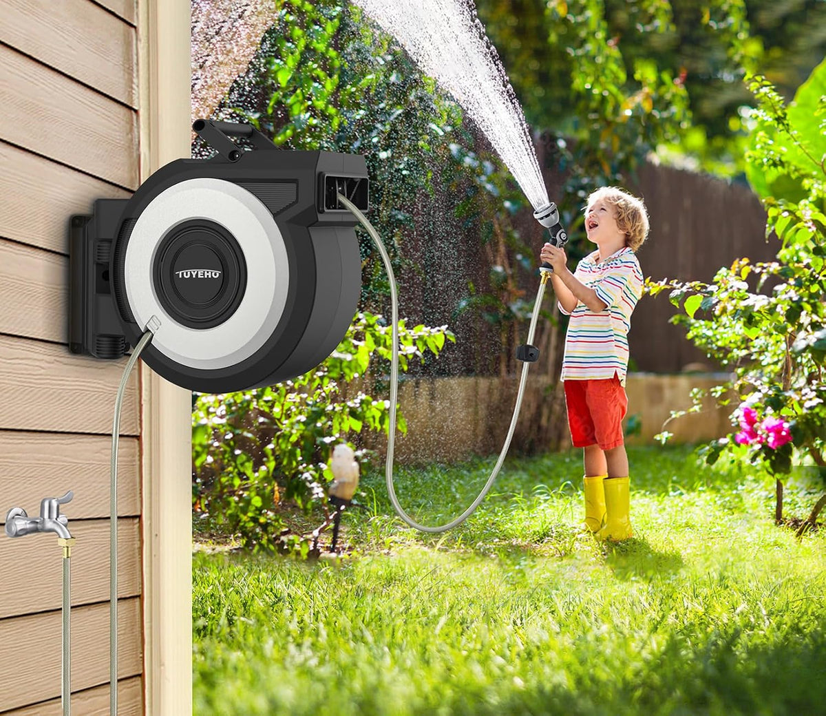 Heavy-Duty Automatic Retractable Garden Hose Reel 100FT Wall Mount