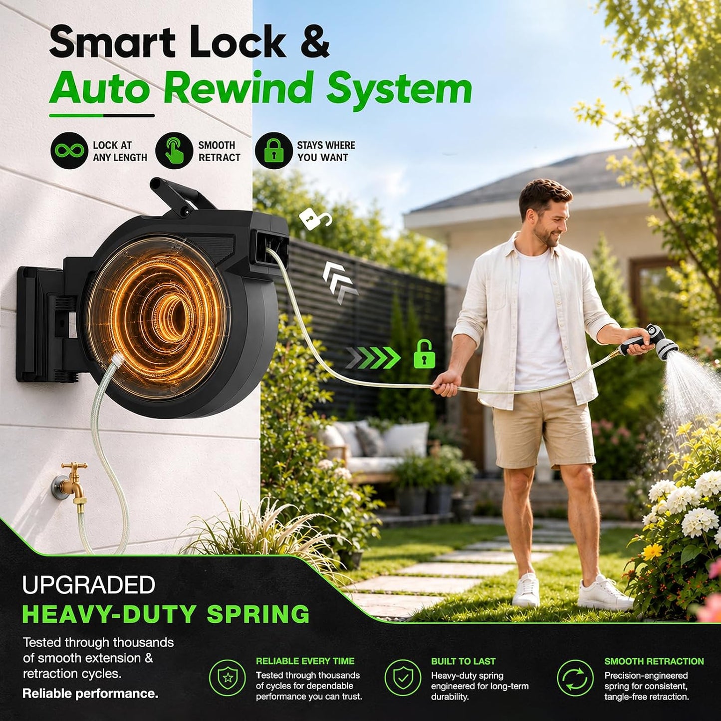 Heavy-Duty Automatic Retractable Garden Hose Reel 100FT Wall Mount