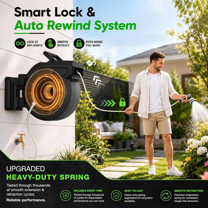 Heavy-Duty Automatic Retractable Garden Hose Reel 100FT Wall Mount