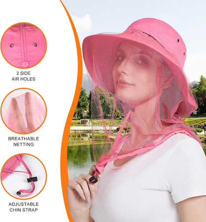 Mosquito Net Hat Women UPF 50+ Hidden Netting Sun Protection Cap