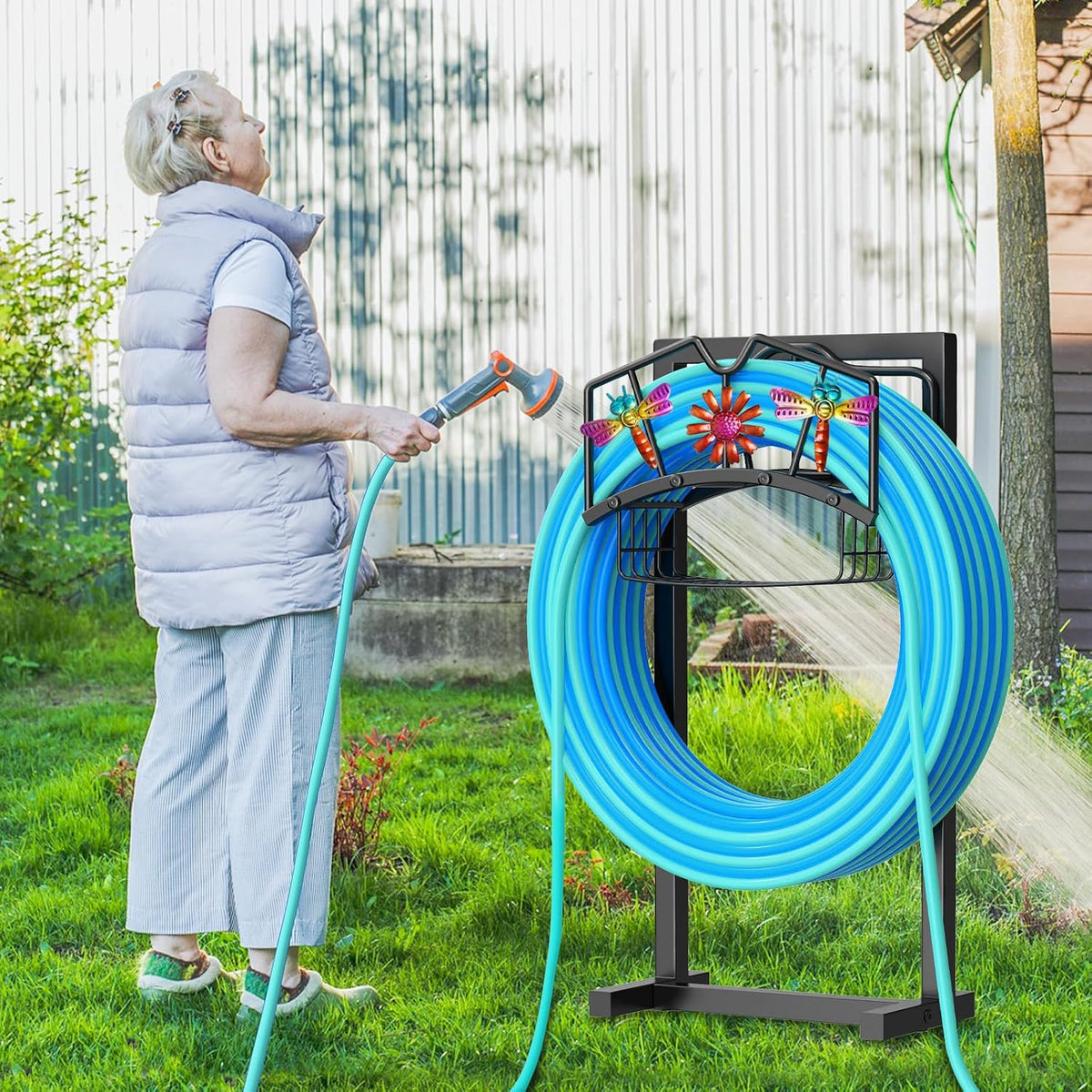 Garden Hose Holder,Freestanding Water Hose Holder with Storage Basket