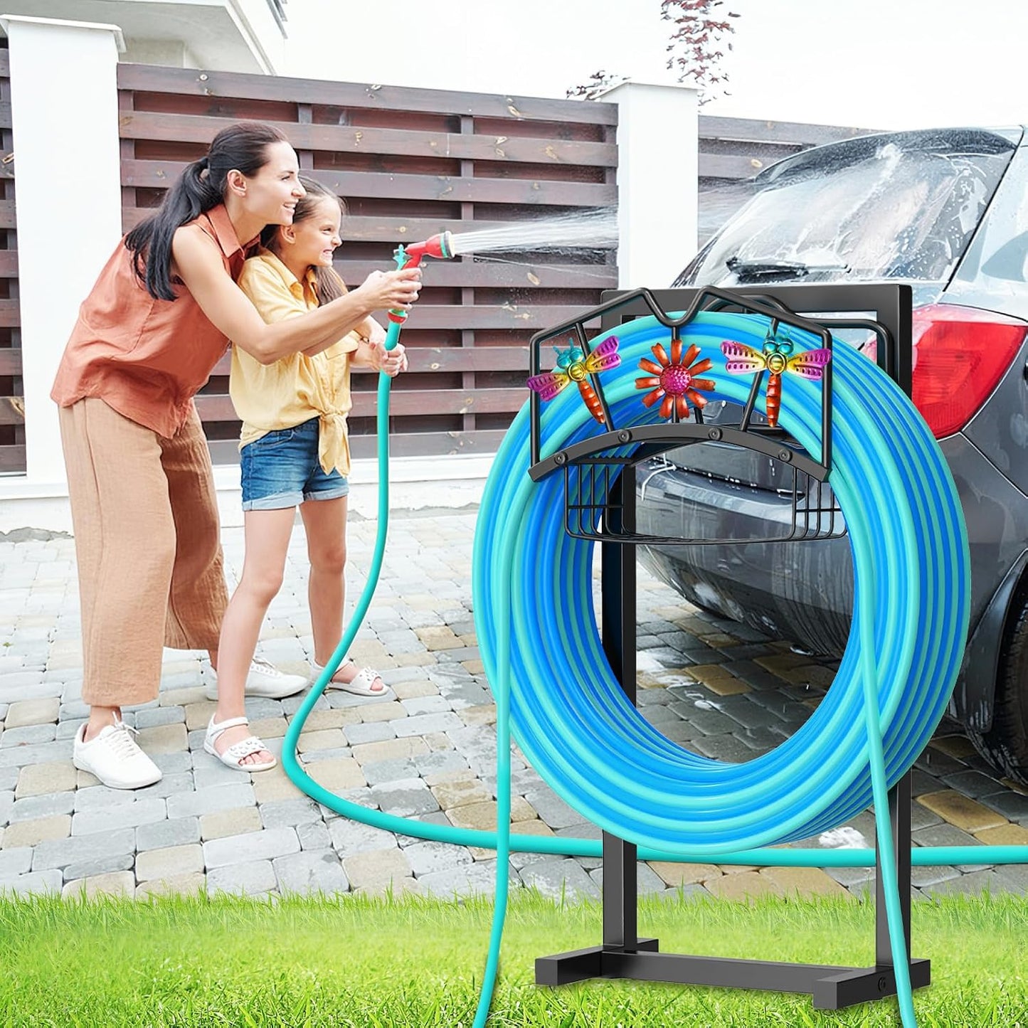 Garden Hose Holder,Freestanding Water Hose Holder with Storage Basket