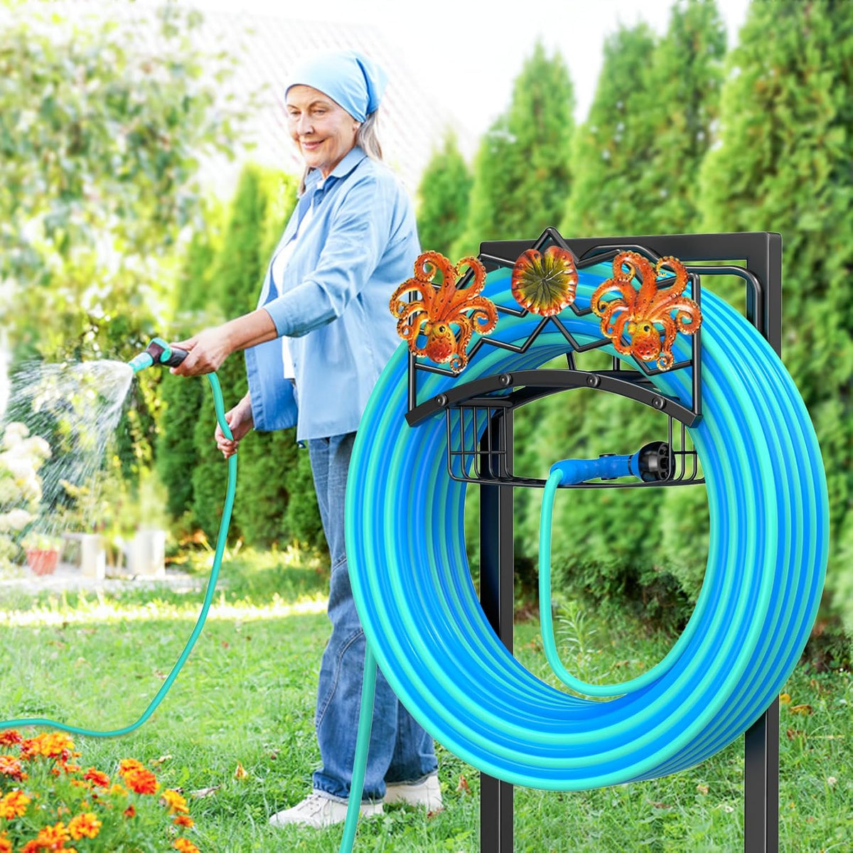 Garden Hose Holder,Freestanding Water Hose Holder with Storage Basket