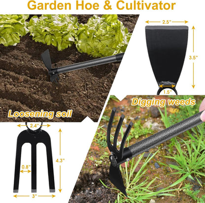 Hoe and Cultivator - 60” Long Handle - Heavy Duty Garden Hoe Tiller, Standing Hoe Garden Tools Durable Cultivator Hoes Hand Rake Fork for Gardening Weeding Planting Loosening Soil
