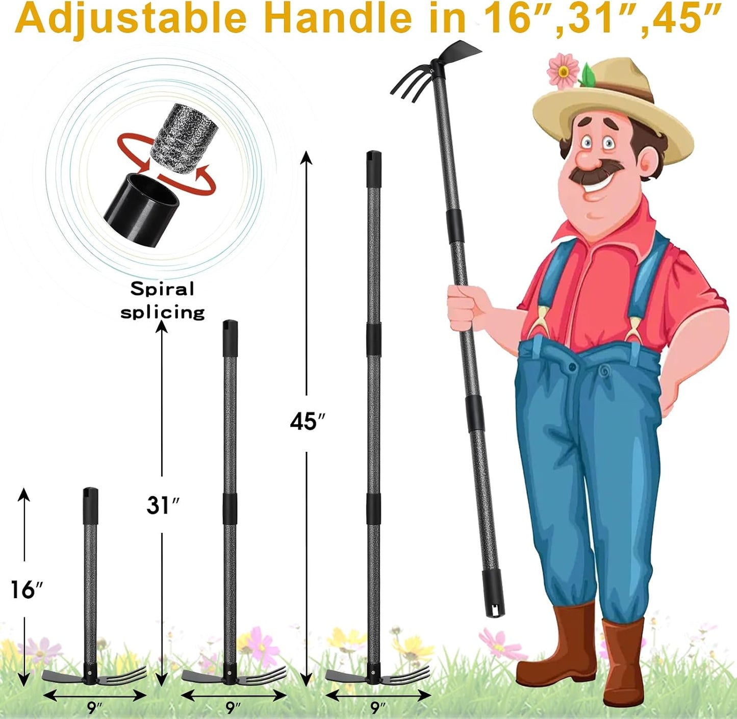 Hoe and Cultivator - 60” Long Handle - Heavy Duty Garden Hoe Tiller, Standing Hoe Garden Tools Durable Cultivator Hoes Hand Rake Fork for Gardening Weeding Planting Loosening Soil