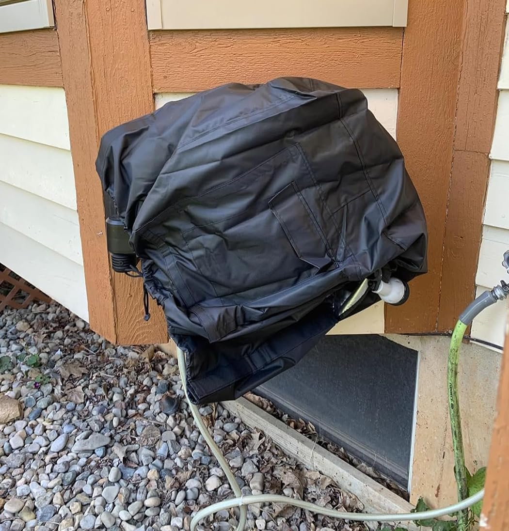 Hose Reel Cart Cover Black Waterproof Free Standing Water Hose Reel Protective Cover Furniture Sets for Patio Outdoor (Black)