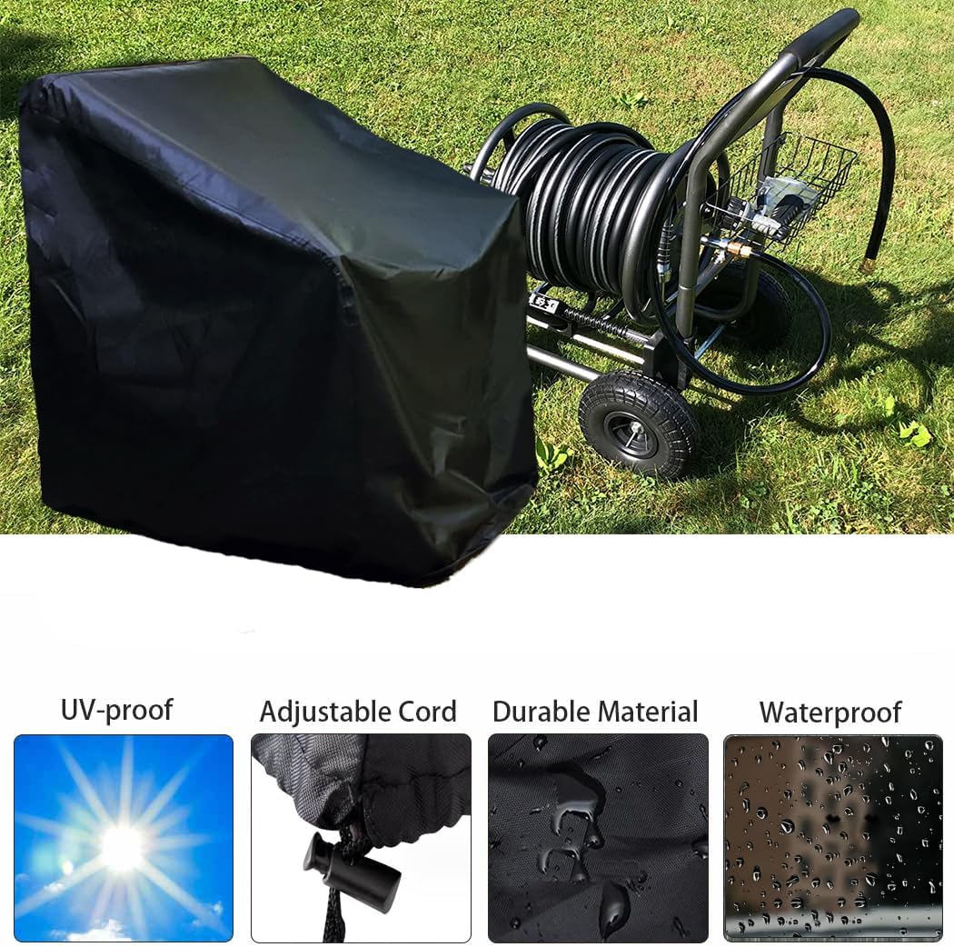 Hose Reel Cart Cover Black Waterproof Free Standing Water Hose Reel Protective Cover Furniture Sets for Patio Outdoor (Black)