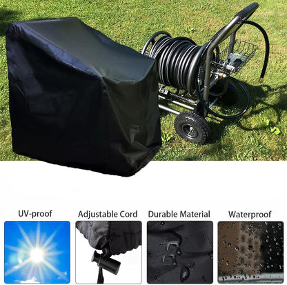 Hose Reel Cart Cover Black Waterproof Free Standing Water Hose Reel Protective Cover Furniture Sets for Patio Outdoor (Black)