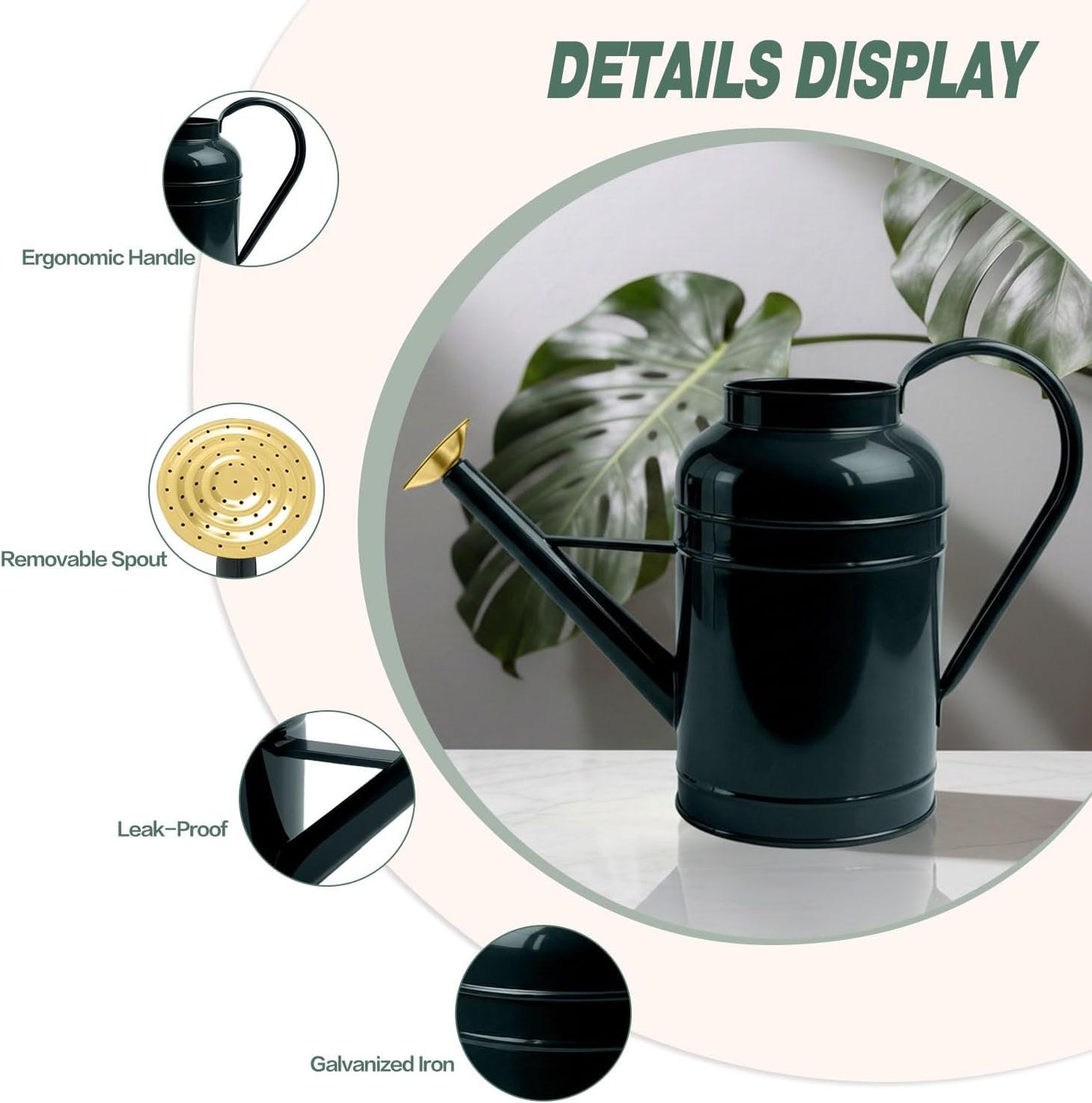 2.3 Gallon Dark Green Metal Watering Can for Plants and Garden with Removable Spout, Made of Galvanized Iron