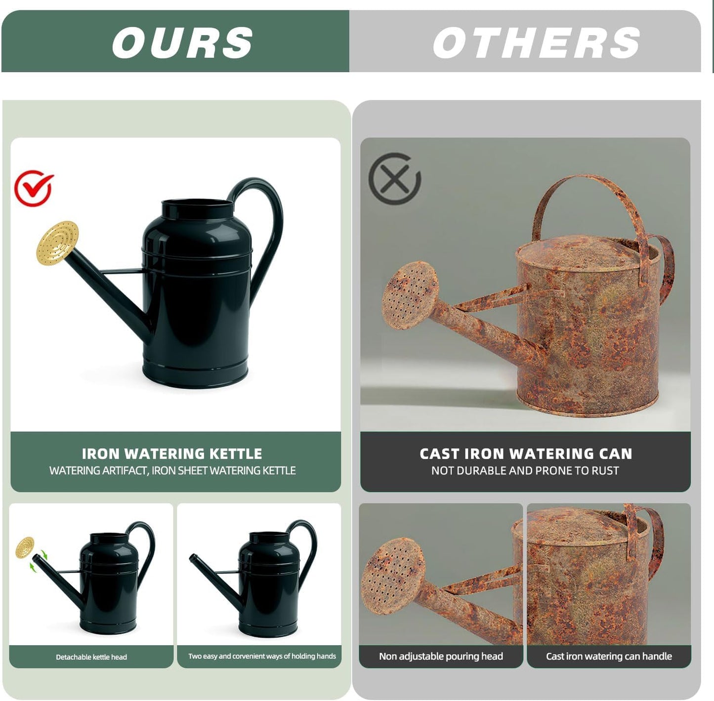 2.3 Gallon Dark Green Metal Watering Can for Plants and Garden with Removable Spout, Made of Galvanized Iron