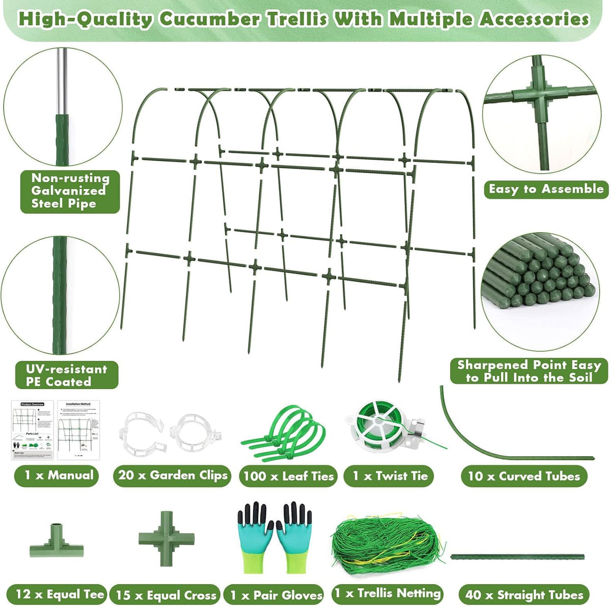 Cucumber Trellis for Raised Bed, Garden Arch Trellis for Climbing Plants Outdoor, Metal Garden Trellis for Spring Vegetables, Cucumber Trellis for Tomato, Bean, Pea, Grape, Plant