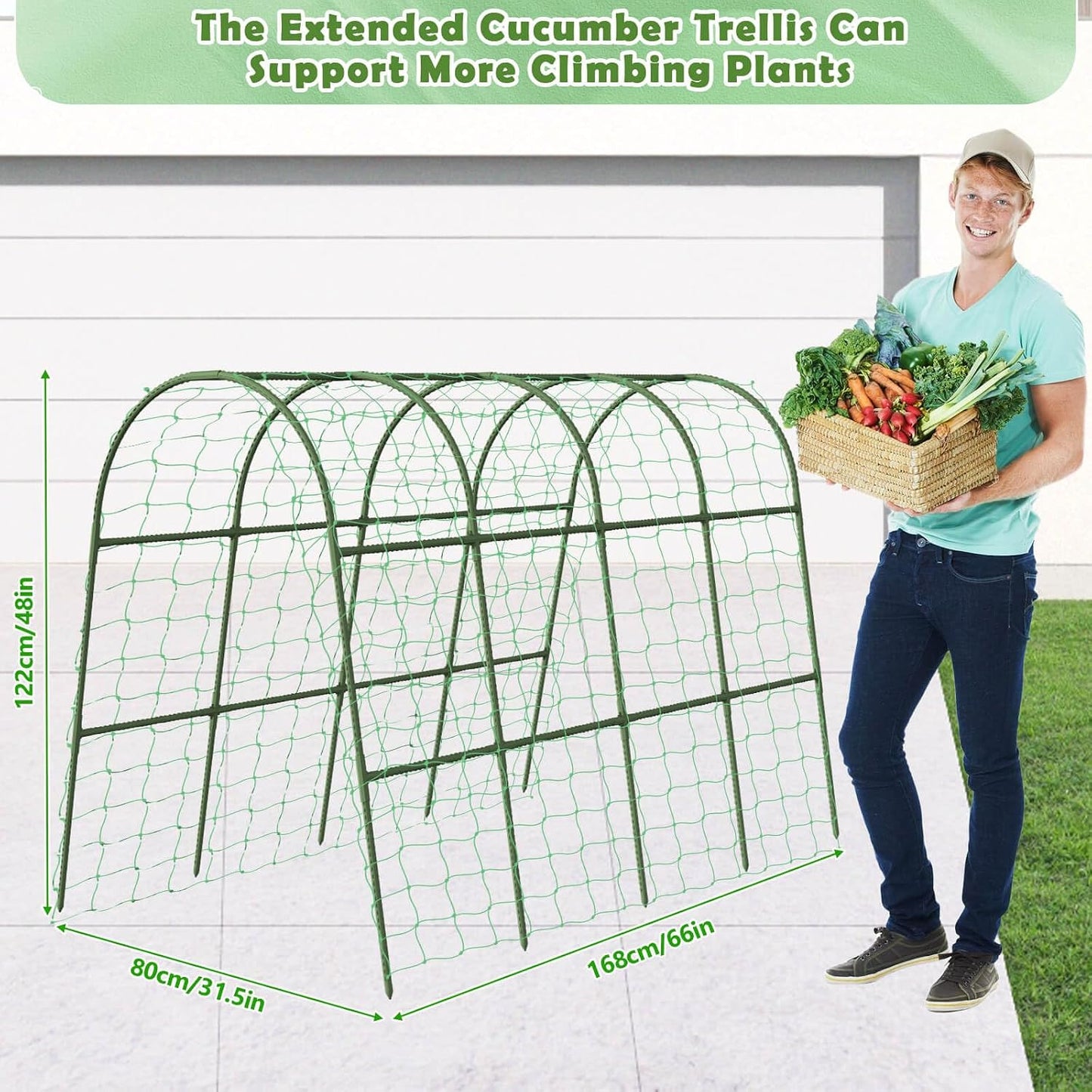 Cucumber Trellis for Raised Bed, Garden Arch Trellis for Climbing Plants Outdoor, Metal Garden Trellis for Spring Vegetables, Cucumber Trellis for Tomato, Bean, Pea, Grape, Plant