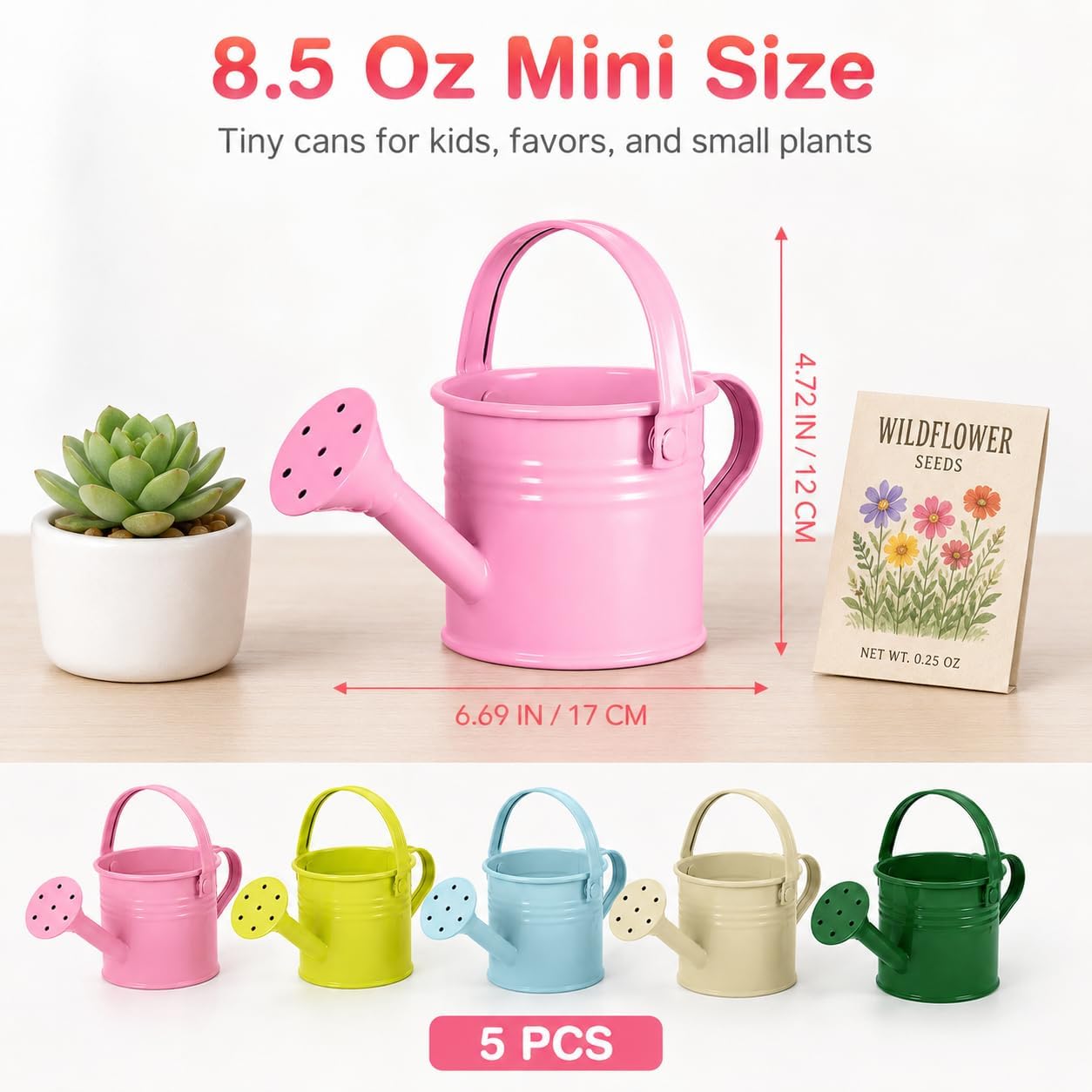 5pcs Kids Metal Watering Cans, 8.5 Oz Mini Iron Watering Pots with Long Spout for Children Gardening, Classroom Activities, Indoor Plants