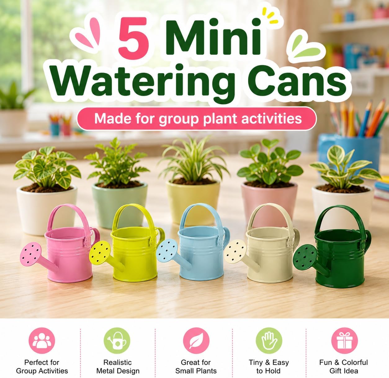 5pcs Kids Metal Watering Cans, 8.5 Oz Mini Iron Watering Pots with Long Spout for Children Gardening, Classroom Activities, Indoor Plants