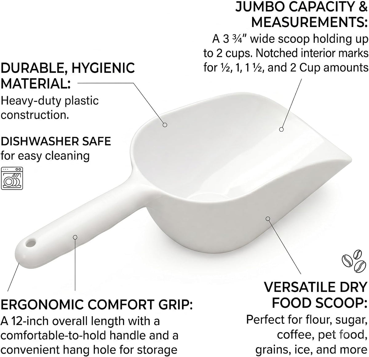 Jumbo Plastic Scoop - 12" Large Food Scoop for Flour, Sugar, Cereal, Pet Food, Gardening