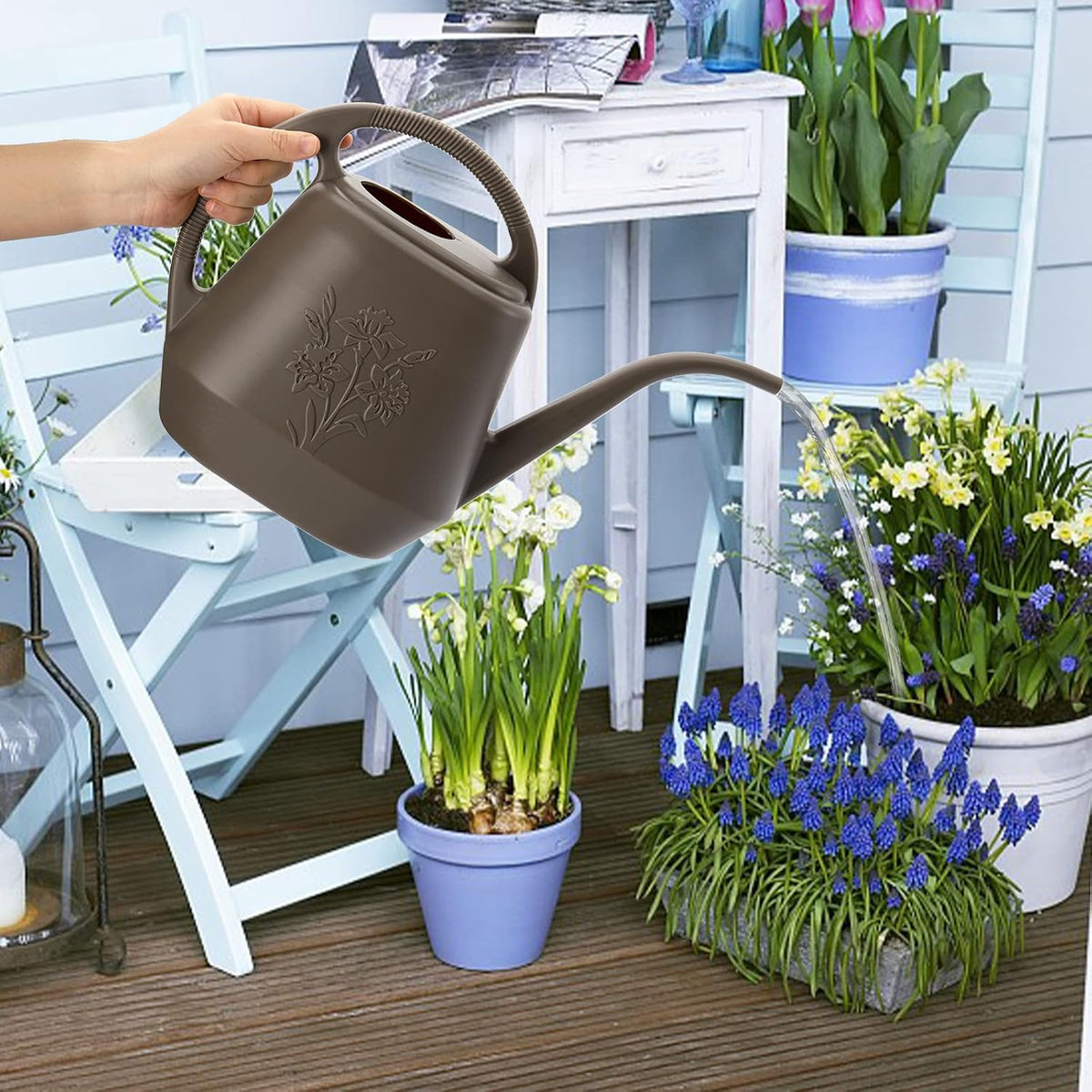 1-Gallon Plastic Watering Can with Comfortable Handle, Garden Watering Cans Long Spout for Indoor Outdoor Watering Plants, Gray