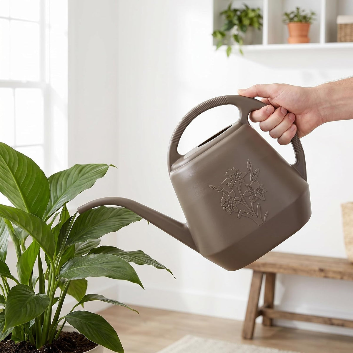 1-Gallon Plastic Watering Can with Comfortable Handle, Garden Watering Cans Long Spout for Indoor Outdoor Watering Plants, Gray