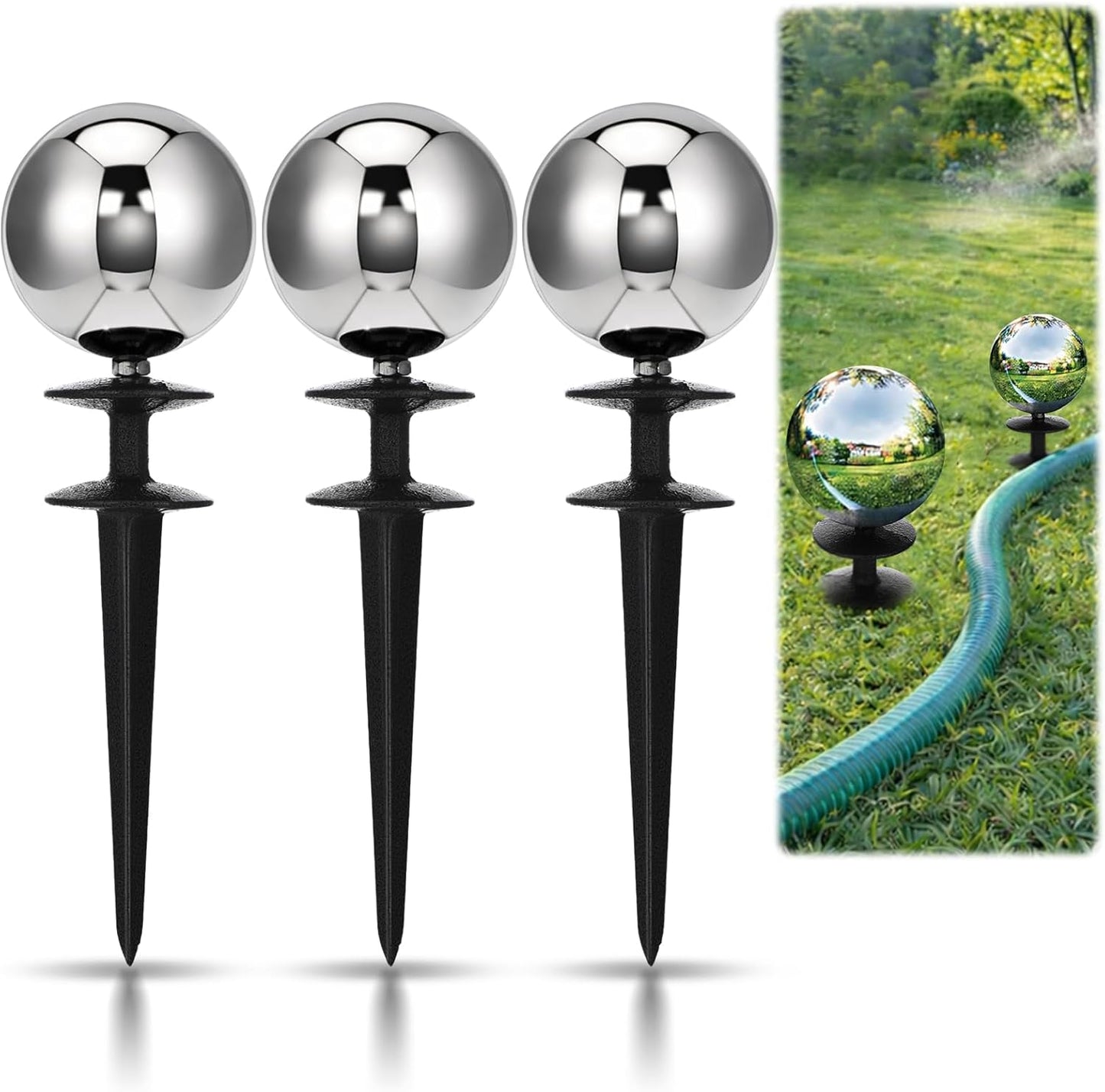 3 Pcs Garden Hose Guide Spike 13.5'' Decorative Ball, Silver